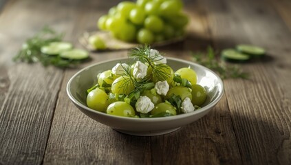 Fresh fruit and dairy snack with green grapes and cheese, ideal for light meals