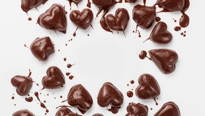 Chocolate heart candies arranged on a plain white surface, ideal for romantic gift themes