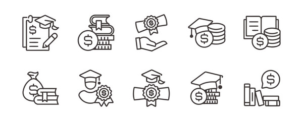 Finance and scholarship concept in education funding academic grants tuition costs expenses for student investment in future line and solid glyph illustration icons