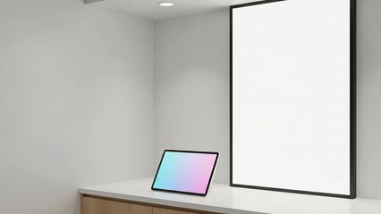 Minimalist Mockup Tablet Blank Vertical Frame on a modern interior shelf with generous copy space.