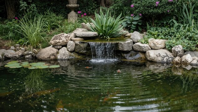 Water garden with aquatic plants and a decorative fountain in a residential outdoor space