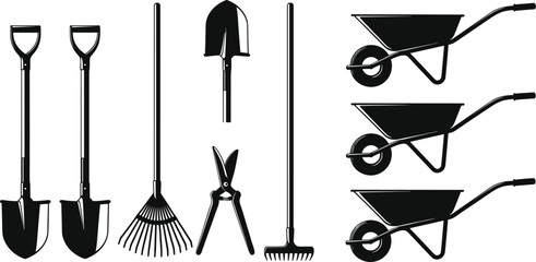 Set of gardening tools silhouettes including shovels rakes wheelbarrows and shears, black vector illustration isolated on white background. © MstJahanara
