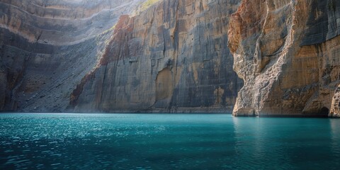 Layered rock formations of basalt and sandstone in an abandoned quarry surrounding a blue lake, erosion risk