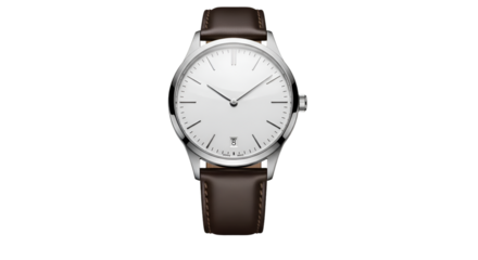 Silver Analog Watch with Brown Leather Strap white dial