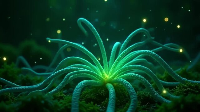 Radiant fibers explode fiber thread mesh, forming dynamic tendrils against a green background, with glowing orbs floating in a mystical, dreamy setting at midnight.