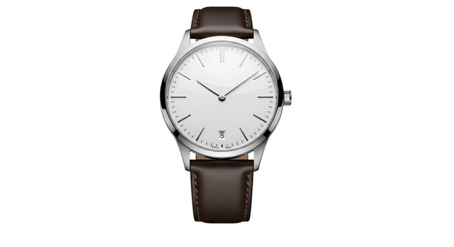Silver Analog Watch with Brown Leather Strap white dial