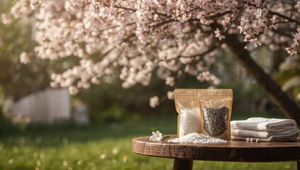 Herbal bags and sea salt arranged on wooden surface outdoors, highlighting natural flavoring techniques in food preparation