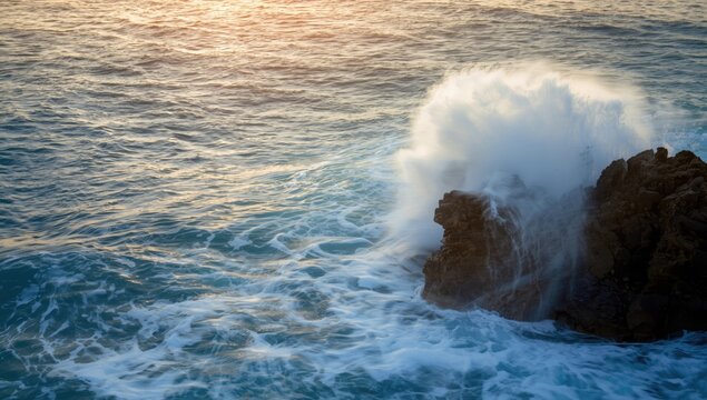 Muriwai beach sunset scene with crashing waves on rocks, highlighting coastal erosion and seasonal change - Powered by Adobe