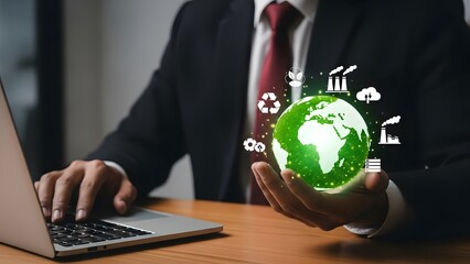 Businessman in a suit holding a glowing green earth globe with sustainability icons, typing on a laptop