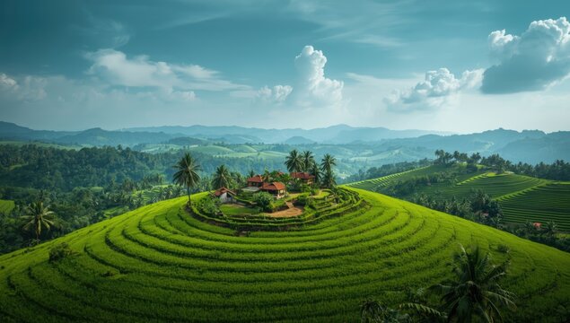 Bird's eye perspective of a countryside settlement surrounded by cultivated fields and residential buildings