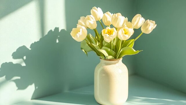 Elegant Arrangement of White Tulips in a Bright Vase with Soft Natural Lighting in a Modern Interior