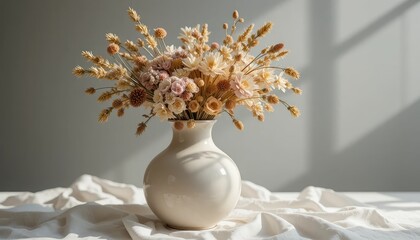 Dried flower arrangement in a white ceramic vase on a draped white cloth