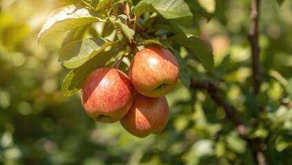 Red apples hanging from a branch illuminated by sunlight, focusing on fruit development and nutrition, World Fruit Day