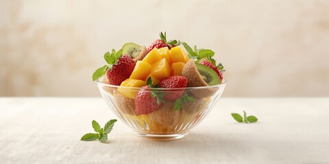 Colorful fruits salad in a glass bowl focusing on natural antioxidants, World Health Day
