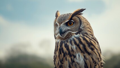 Owl with focused gaze in natural environment, highlighting feather textures and eye clarity, wildlife study