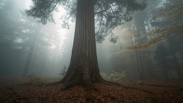 Tall cedar tree surrounded by fog in a woodland landscape, highlighting seasonal change