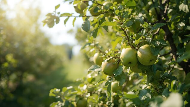 Green apples hanging from a tree in summer, emphasizing fruit development and seasonal harvest, Earth Day