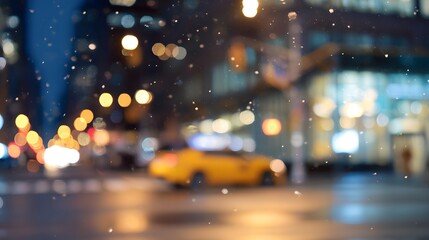 Winter city lights blur in a magical snowstorm scene featuring a yellow taxi cab