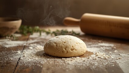 Fototapeta premium Freshly kneaded dough resting on a textured wooden countertop, highlighting artisanal bread preparation