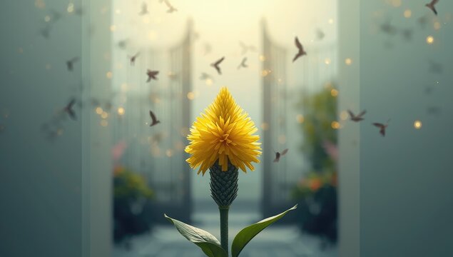 Close-up of a yellow celosia flower with bokeh, serving as a decorative banner in architectural visuals, Earth Day