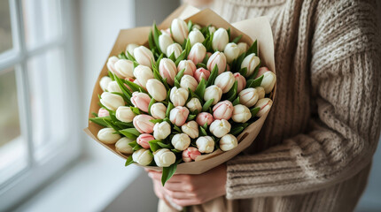 Woman Holding Fresh Tulips Bouquet in Craft Paper
