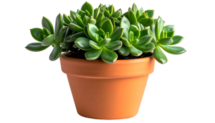 A lush green succulent plant fills a terracotta pot, isolated against a transparent background