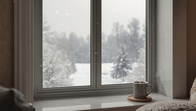 Contemporary home window showing snow and trees, seasonal weather conditions, urban environment