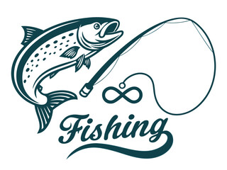 Obraz premium Fishing illustration with a jumping trout and fishing rod with the word Fishing vector