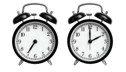 Two classic black alarm clocks showing different times on a white face, isolated