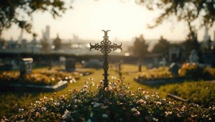 Obraz premium A grave illuminated by sunlight with a cross and flowers, highlighting remembrance and outdoor setting