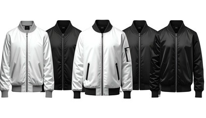 Five bomber jackets in varying shades of black and white, lined up and facing front