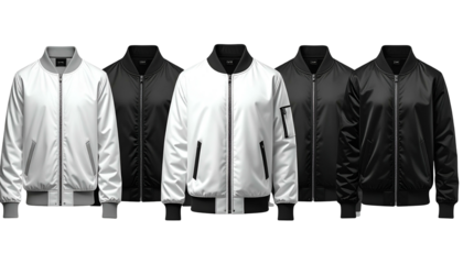 Five bomber jackets in varying shades of black and white, lined up and facing front