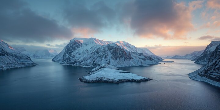 Snow-covered mountains and frozen fjord waters in a winter scene, highlighting erosion concerns, Earth Day