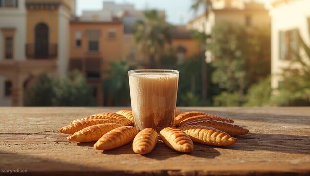 Horchata served with fartons, a classic Valencia drink featuring tigernuts and sponge pastries, ideal for cultural celebrations