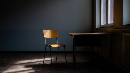 Single desk in corner of empty classroom with soft natural light. wellbeing guides, coaching materials, designed for mental health education and mindfulness programs.