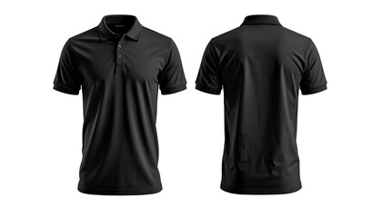 Front and back views of a plain black polo shirt on a dark background (1)