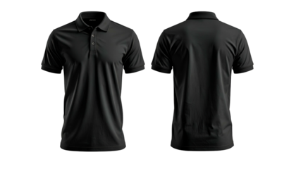 Front and back views of a plain black polo shirt on a dark background (1)