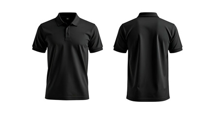 Front and back views of a dark, short-sleeved polo shirt on a black background