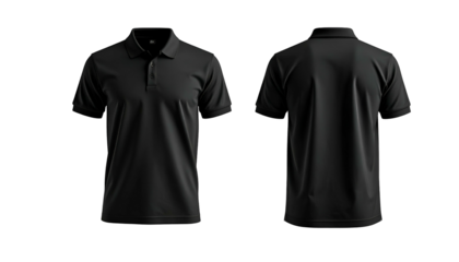 Front and back views of a dark, short-sleeved polo shirt on a black background