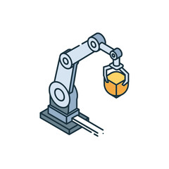 Fototapeta premium Modern isometric illustration of an industrial robotic arm precisely handling a component, symbolizing automation, smart manufacturing, and technological innovation in production