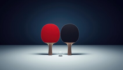 High-quality ping pong paddles with vibrant rubber grip and a match ball against a navy background, suitable for tournament settings