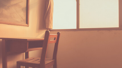 Single desk in corner of empty classroom with soft natural light. wellbeing guides, coaching materials, designed for mental health education and mindfulness programs.