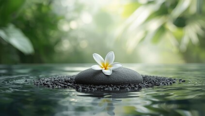 Plumeria flower placed on a smooth stone, ideal for floral layout backgrounds