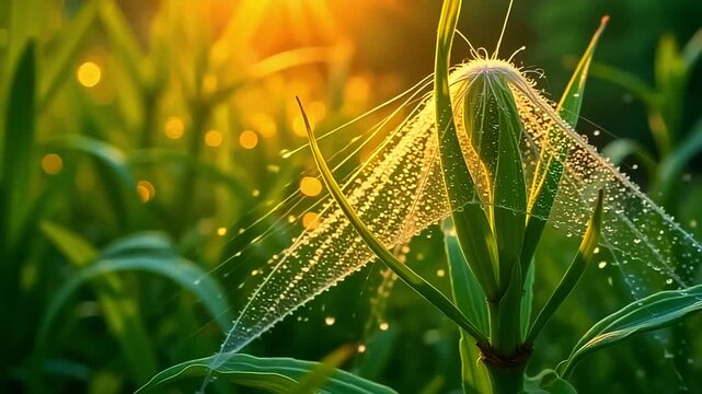 luminous wander burst roughage wander mesh, wander brilliant innovation along angstrom fleeceable background, with smooth dewdrop shine indiana angstrom serene, esthetic air astatine dawn.