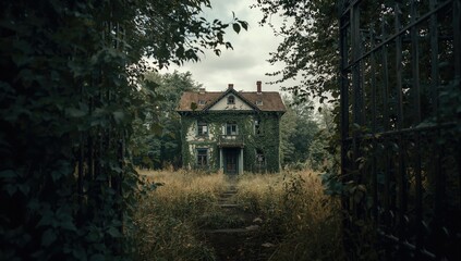 Deserted house and rusted gate covered in dense vegetation in a post-apocalyptic setting, highlighting environmental overgrowth