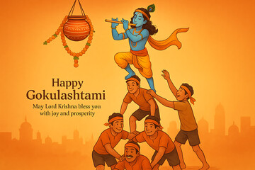 Celebrating gokulashtami with lord krishna playing flute and devotees forming a human pyramid structure high quality