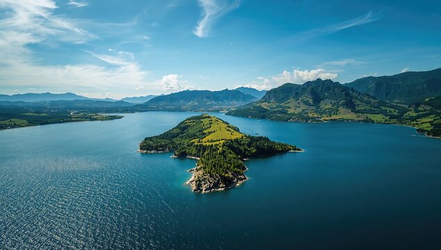 Vacation in a picturesque island setting featuring a clear lake, vibrant grass, and majestic mountains, nature exploration