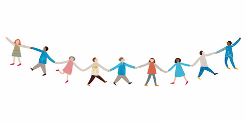 A diverse group of people holding hands in a connected cheerful line