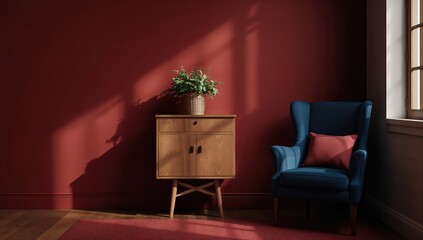 Wooden storage unit with greenery in a deep-colored room featuring a blue chair, suitable for home decor display