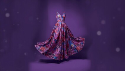 Women's dress with flower print on a purple backdrop, suitable for fashion layout or styling guides